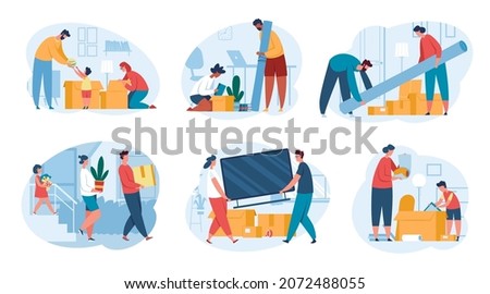 People moving into new house, family unpacking boxes. Characters carrying things, packing furniture for moving, home relocation vector set. Interior full of cardboard cartons with household stuff