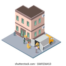 People moving and loading packed boxes, house hunt, flat vector isometric