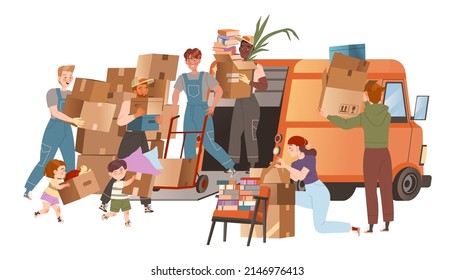 People moving to new apartments. Movers in overalls unloading cardboard boxes from van. Delivery service cartoon vector illustration