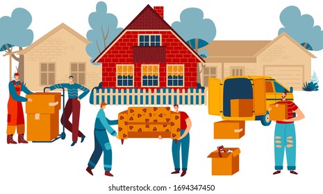 People moving to new house, furniture transportation and box delivery service, vector illustration. Happy smiling men carry couch to cottage, house relocating. Real estate business, property transfer