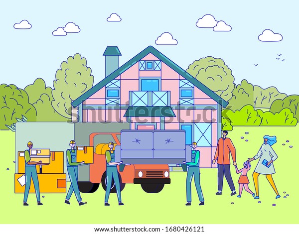 People moving to new house, happy family\
together buying real estate property, vector illustration. Smiling\
parents and child relocate to cottage home, delivery service\
workers carry couch\
furniture