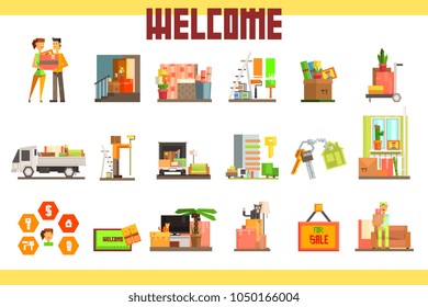 People moving to new house with things and home furniture. Repair in apartment. House for sale. Design for real estate company, website, mobile app. Flat vector icon