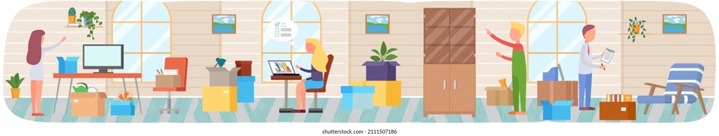 People moving to new houses or offices put things in cardboard boxes, change place of residence. Characters pack things to shipping. Rental of premises concept. Men and women settle down after moving