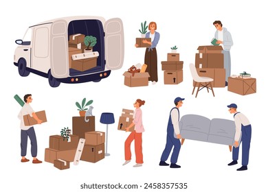 People moving to new housing. Family relocation. Persons collect things in boxes. Movers load furniture into car. Cardboard containers delivery. Transportation service