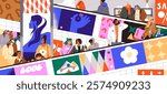 People moving up on the escalator with railing. Customers step on automatic stairs in shopping mall. Diverse consumers are on electric ladder, elevator in commerce center. Flat vector illustration