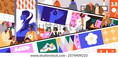 People moving up on the escalator with railing. Customers step on automatic stairs in shopping mall. Diverse consumers are on electric ladder, elevator in commerce center. Flat vector illustration