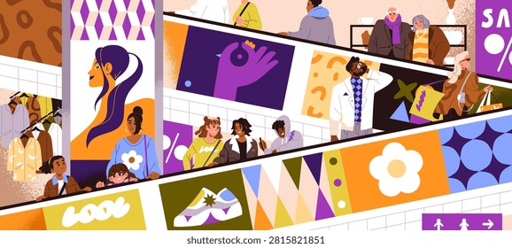 People moving up on escalator. Scene with crowd lifts with automatic stairs. Diverse men and women on electric elevator in modern shopping mall, fashion retail center. Flat vector illustration