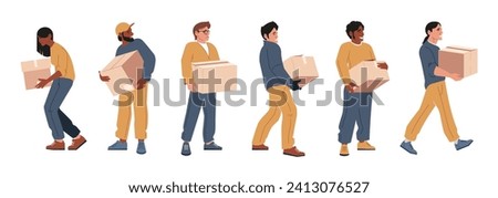 People moving out with boxes. Man and woman holding moving and loading carton boxes with belongings, moving and packing service. Vector cartoon illustration. Characters carrying huge packages