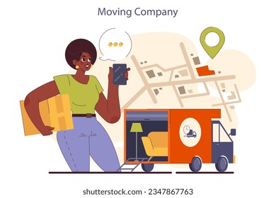 People moving out. Character pack belongings and relocating to a new place. Renting estate. Transportation service company truck. Flat vector illustration