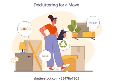 People moving out. Character pack belongings and relocating to a new place. Woman decluttering her luggage and a living space. Minimalist lifestyle. Flat vector illustration