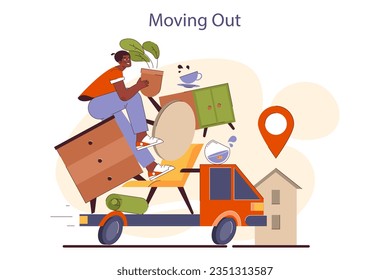 People moving out. Character pack belongings and relocating to a new place. Renting estate. Transportation service. Flat vector illustration