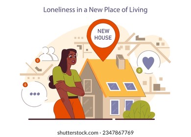 People moving out. Character relocating to a new place. Female character feel lonely in a new renting estate. Social isolation, new, unfamiliar environment problem. Flat vector illustration