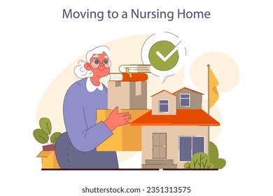People moving out. Elderly character pack belongings and relocating to a nursing home. Nursing facility, residential home, care service for senior people. Flat vector illustration