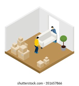  People moving in and out with furniture and boxes isometric vector illustration 