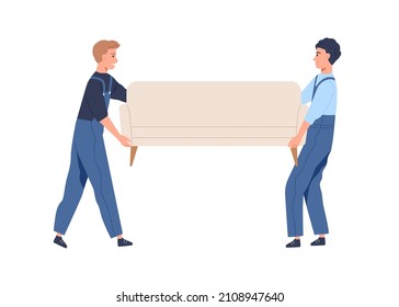 People moving sofa. Loaders carry new furniture. Men workers holding couch. Professional movers in uniform from delivery and relocation service. Flat vector illustration isolated on white background