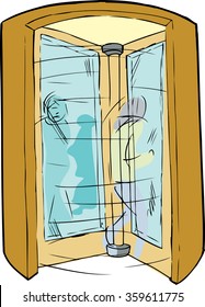 People moving through revolving door entrance over white