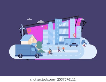 People moving from villages to big city vector illustration. Map route from rural house to skyscrapers, moving truck on road, people exercising. Urbanization, relocation concept