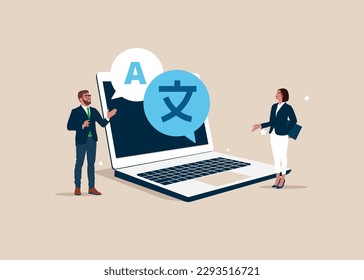 People multi language communication. Online translator in app laptop. Linguist. Flat vector illustration