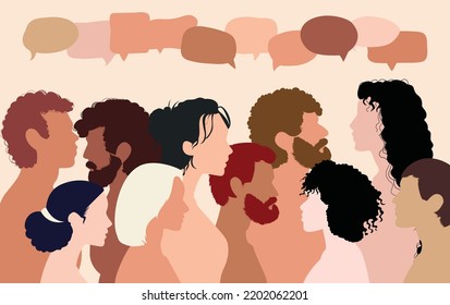 People of multiethnic origin communicating and sharing ideas. Confusion and disorganisation. Immigration and crowd vector cartoon coloured profile people of multicultural origin.