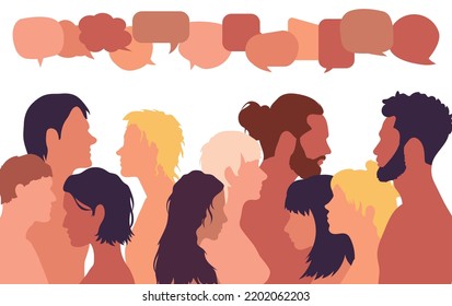 People of multiethnic origin communicating and sharing ideas. Confusion and disorganisation. Immigration and crowd vector cartoon coloured profile people of multicultural origin.