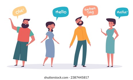 La gente saluda multilingüe y habla de un concepto lingüístico diferente. Ilustración de diseño gráfico plano vectorial
