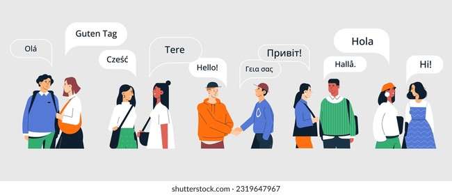 People multilingual greeting. Man woman characters speak different languages, multicultural persons of various race and ethnicity. Vector cartoon set of multilingual character greeting illustration