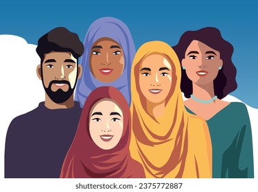 people, multiracial, multicultural man and women with smiles on their faces against the background of a clear sky. Life without war. Vector group, equality and unity concept. Independence and freedom