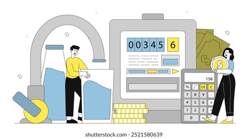 Pessoas com água municipal. Homem e mulher com moeda de ouro perto da torneira. Negócios governamentais. A família paga contas de serviços públicos. Ilustração de vetor linear isolada no plano de fundo branco