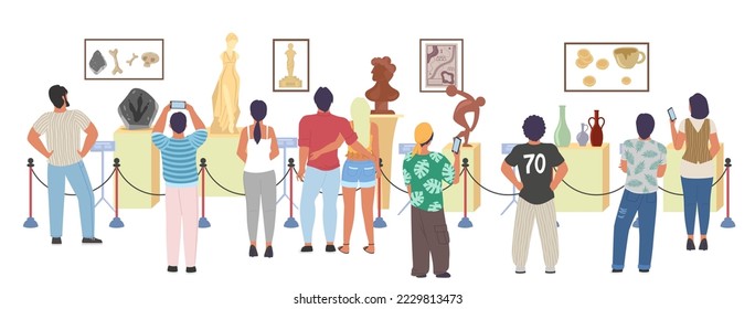People at museum art gallery vector illustration. Visitor group of tourist looking at painting picture, exhibit expo, photo artwork of ancient prehistoric fossils