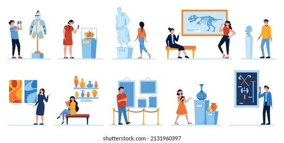 People in museum flat set of guides conducting excursion and visitors photographing and looking at exhibit isolated vector illustration