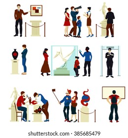 People in museum gallery flat color icons with visitors keeper sculptures pictures and working artists isolated vector illustration 