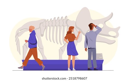 People in museum of history. Men and woman looking at remains of prehistoric animal and dinosaur. History and archeology, paleontology. Cultural recreation and leisure. Flat vector illustration