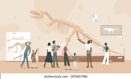 People in museum of paleontology vector illustration. Cartoon school teacher, student characters visiting dinosaurs archaeological exhibition, standing near tyrannosaurus skeleton exhibit background