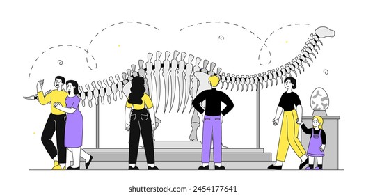 People in museum simple. Visitors with cultural rest and leisure. Men and women look at skeleton of dinosaur. Prehistoric exhibition. Doodle flat vector illustration isolated on white background