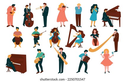 People Musician Playing Musical Instrument Performing on Stage Big Vector Set