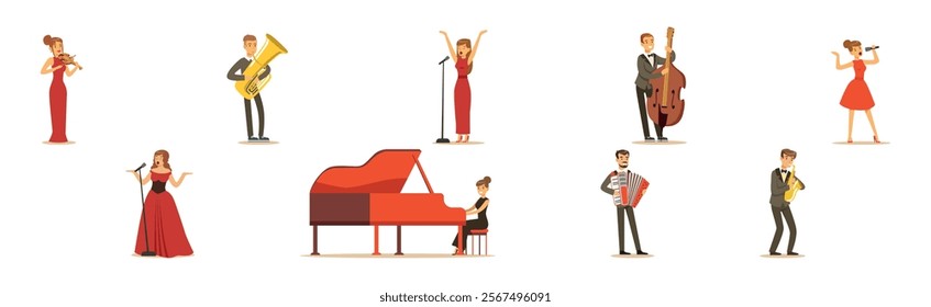 People Musician and Singer Performing on Stage Vector Set