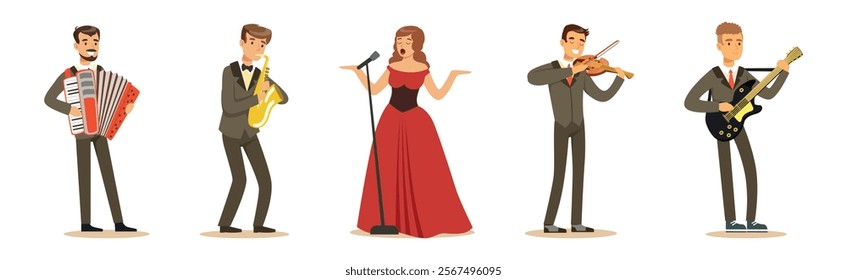 People Musician and Singer Performing on Stage Vector Set