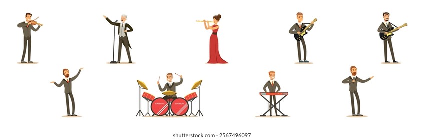 People Musician and Singer Performing on Stage Vector Set