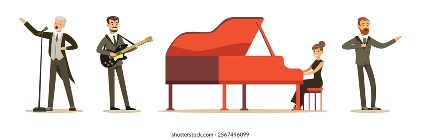 People Musician and Singer Performing on Stage Vector Set