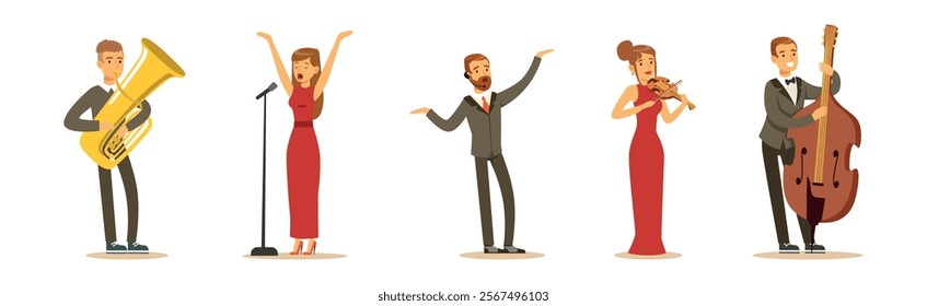 People Musician and Singer Performing on Stage Vector Set