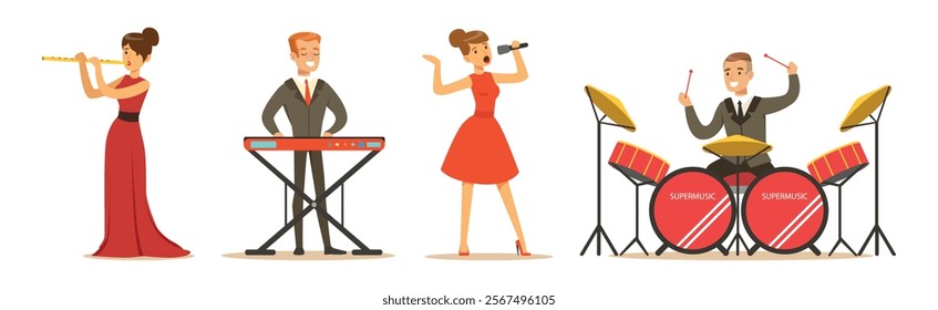 People Musician and Singer Performing on Stage Vector Set