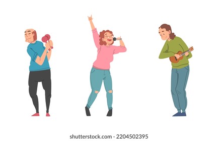 People musicians in casual clothes playing ukulele, shaking maracas and singing set cartoon vector illustration