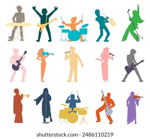 Personas músicos siluetas de colores tocando diferentes instrumentos musicales