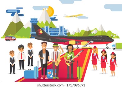 People musicians with musical instruments go on international tour by plane, vector illustration. Character group with luggage, team serving transport on red carpet. Airport near high mountains.
