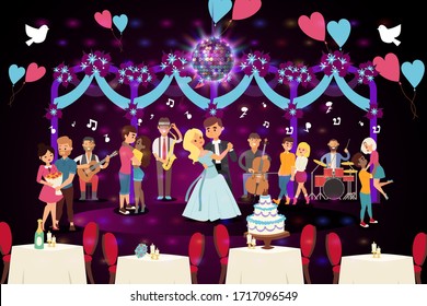 People musicians perform at a wedding celebration vector illustration. Live music in room for dancing, banquet with festive cake. Groom, bride and guests on dance floor flat banner.