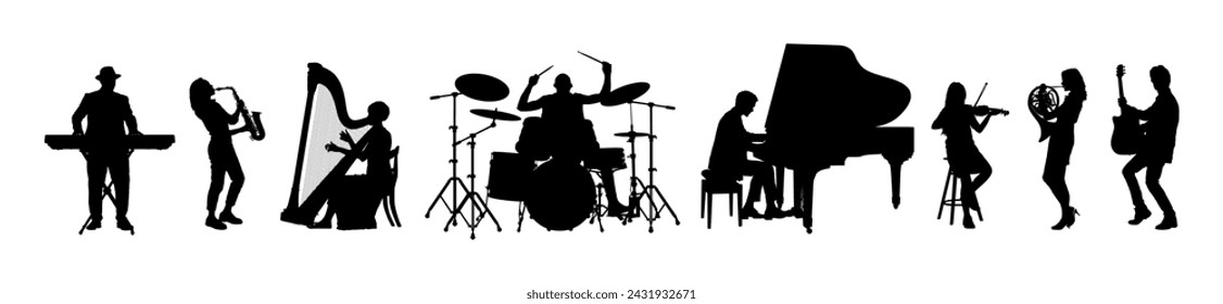 People musicians playing different musical instruments set black silhouettes.