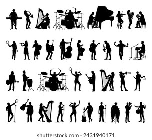 People musicians playing different musical instruments black silhouettes set collection.	