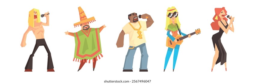 People Musicians Playing Musical Instrument and Singing Vector Set