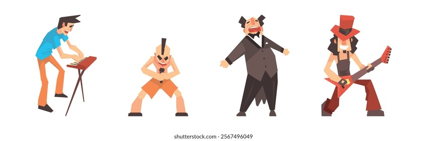 People Musicians Playing Musical Instrument and Singing Vector Set