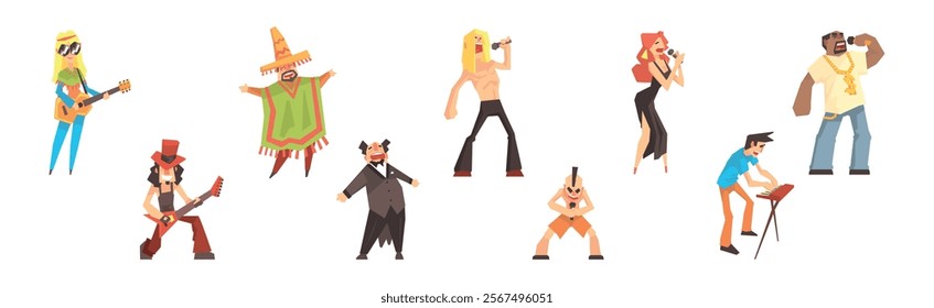 People Musicians Playing Musical Instrument and Singing Vector Set